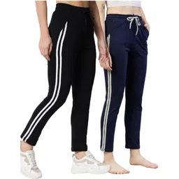 trendefy Pack of 2 Women Solid, Striped Black, Dark Blue Track Pants-picture-15