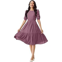 trendmalls Dress for Women Cotton Blend Round Neck Half Puff Sleeve Flared Pleated Midi Western Dress-picture-19
