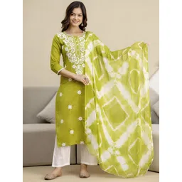 Trendmalls Women Floral Embroidered Cotton Kurti with Trousers & Dupatta image 3