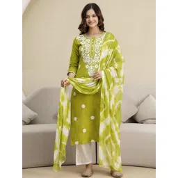 Trendmalls Women Floral Embroidered Cotton Kurti with Trousers & Dupatta image 1