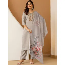 Trendmalls Women Floral Embroidered Regular Thread Work Chanderi Silk Kurta with Trousers & With Dupatta-picture-14
