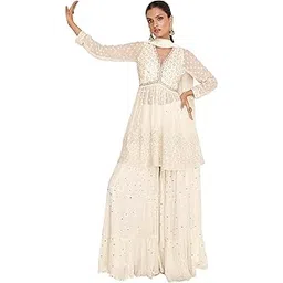 trendmalls Women's Georgette Embroidery Sequence Work Salwar Suit Set Kurta Sharara with Dupatta For Women-picture-23