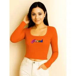 TRENDY ERA Women Orange Ribbed Scoop Neck Typography Crop Top-picture-18