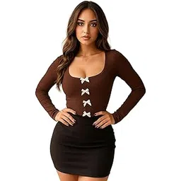 Trendy Women's Square Neck Long Sleeve Slim Fit Top with Decorative White Bows – Cute Soft Stretchy Ribbed Shirt for Casual, Party, Date Night & Everyday Fashion Outfits-picture-11