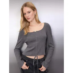 Trendyol Antrasit Women Ribbed Round Neck Tie Ups Top-picture-14