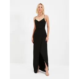 Trendyol Black Solid Shoulder Strap Maxi Wrap Dress image 3