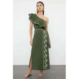 Trendyol Embroidered Pure Cotton One Shoulder Top With Skirt Co-Ords-image-41