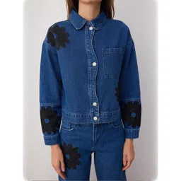 Trendyol Floral Printed Spread Collar Long Sleeves Pure Cotton Denim Jacket-picture-26