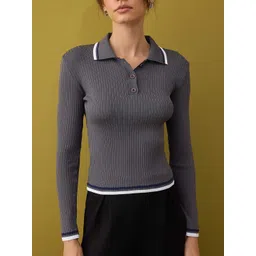 Trendyol Gri-Siyah Women Pack of 2 Ribbed Shirt Collar Pullover Sweater-picture-36