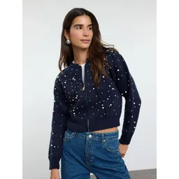 Trendyol Lacivert Women Ribbed Crop Pullover Sweater with Embellished Detail-picture-17