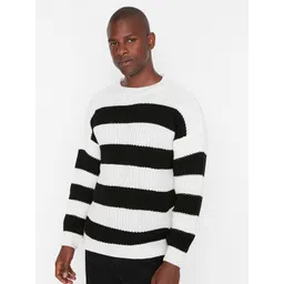 Trendyol Men Black & White Striped Acrylic Pullover-image-43