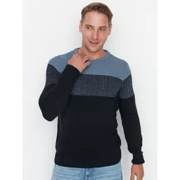Trendyol Men Blue & Black Colourblocked Pullover Acrylic Sweater-picture-20