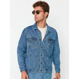 Trendyol Men Blue Washed Denim Pure Cotton Jacket-picture-28