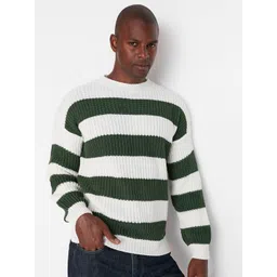 Trendyol Men Green & White Acrylic Striped Pullover-image-48