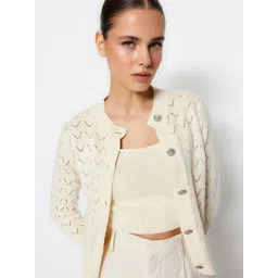 Trendyol Open Knit Self Design Stand Collar Acrylic Cardigan Sweater With Top-picture-26