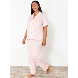 Trendyol Plus Size Striped Lapel Collar Pure Cotton Night suit-picture-37