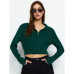 Trendyol Ribbed Shirt Collar Long Sleeve Zip Detail Crop Acrylic Pullover Sweaters-picture-18
