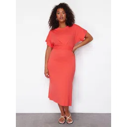 Trendyol Round Neck Extended Sleeves Pure Cotton Sheath Midi Dress-picture-19