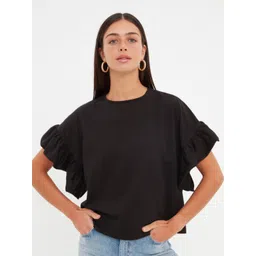 Trendyol Round Neck Extended Sleeves Ruffled Pure Cotton T-shirt-picture-20