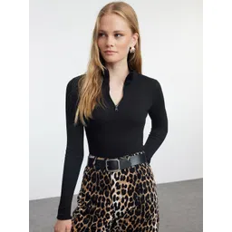 Trendyol Siyah Women Ribbed High Neck Half Zipper Fitted Top-picture-11