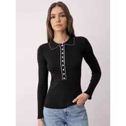 Trendyol Siyah Women Ribbed Shirt Collar Pullover Sweater-picture-33