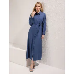Trendyol Solid Shirt Collar Tie-Ups Detail Shirt Maxi Dress-picture-13