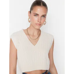 Trendyol Women Beige Cable Knit Crop Sweater Vest-picture-23
