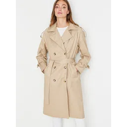 Trendyol Women Beige Solid Cotton Notched Lapel Collar Coats-picture-15