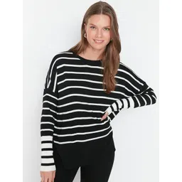 Trendyol Women Black & White Striped Acrylic Pullover Sweater-picture-40