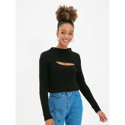 Trendyol Women Black Ribbed Pullover with Cut Out Detail-picture-15