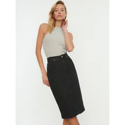 Trendyol Women Black Solid Cotton Knee Length Skirt-picture-26