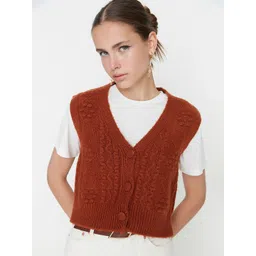 Trendyol Women Brown Cable Knit Crop Sweater Vest-picture-22