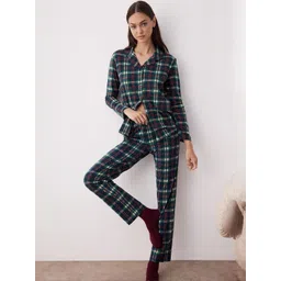 Trendyol Women Checked Lapel Collar Pure Cotton Shirt & Pyjamas Night suit-picture-17