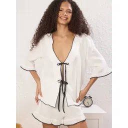 Trendyol Women Colourblocked Pure Cotton Top & Shorts Night suit-picture-38