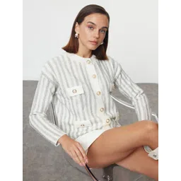 Trendyol Women Ekru Striped Round Neck Long Sleeves Cardigan-picture-33