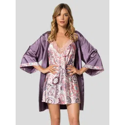 Trendyol Women Lila Printed Shoulder Straps Nightdress with Robe-picture-29