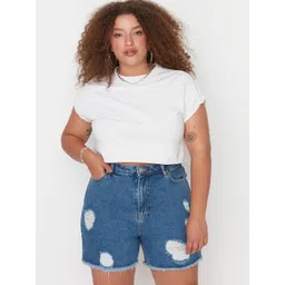 Trendyol Women Mid-Rise Pure Cotton Denim Shorts-picture-39