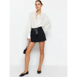 Trendyol Women Mid-Rise Pure Cotton Straight Denim Mini Skirt With Attached Shorts-picture-34