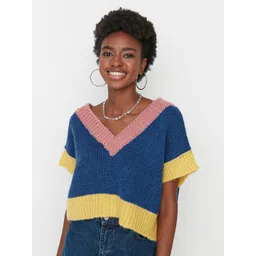 Trendyol Women Navy Blue & Pink Ribbed Sweater Vest-picture-40