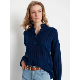 Trendyol Women Navy Blue Self Design Pullover With Button Detail-picture-34
