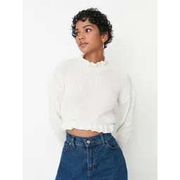 Trendyol Women Off White Crop Pullover-picture-34