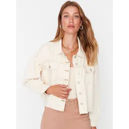 Trendyol Women Off White Pure Cotton Denim Crop Jacket-picture-27