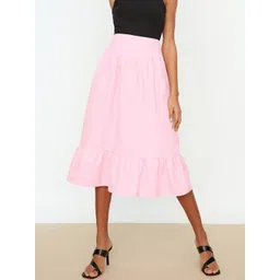 Trendyol Women Pink Solid Flounce Hem A-Line Midi Skirt-picture-26