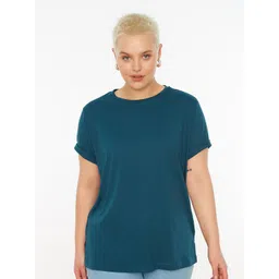 Trendyol Women Plus Size Teal Extended Sleeves Pure Cotton T-shirt-picture-38
