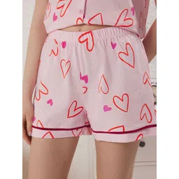 Trendyol Women Pure Cotton Graphic Printed Lapel Collar Shirt & Shorts Night Suits image 3