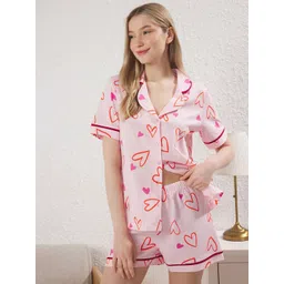 Trendyol Women Pure Cotton Graphic Printed Lapel Collar Shirt & Shorts Night Suits image 1