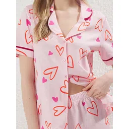 Trendyol Women Pure Cotton Graphic Printed Lapel Collar Shirt & Shorts Night Suits image 4