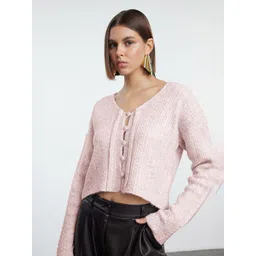 Trendyol Women Self Design Cable Knit Long Sleeves Crop Cardigan-picture-15