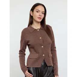 Trendyol Women Solid Long Sleeves Shirt Collar Front-Open Sweaters image 1