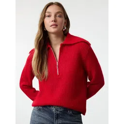 Trendyol Women Solid Ribbed Half Zipper Pullover-picture-29